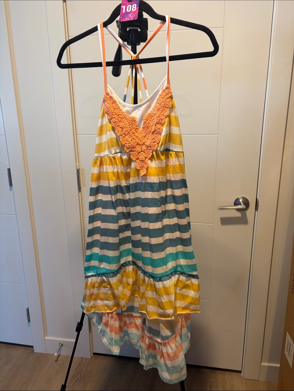 108 high, low sundress, crocheted front cute back white blue peach and yellow